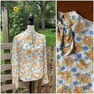 60s vintage delicate sheer floral secretary blouse